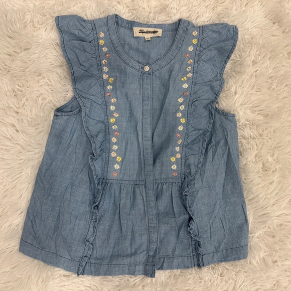 Floral Embroidered Denim Ruffle Top| Size  XXS - Picture 5 of 7